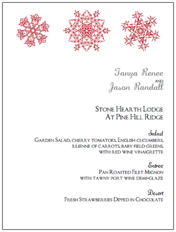 Printable Menu Cards red snowflake wedding menu