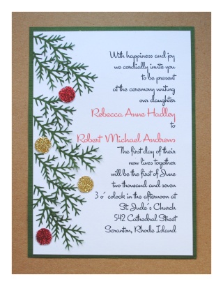 Materials used to make these Christmas Wedding Invitations 90lb white card 