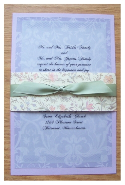 purple damask vellum wedding invitations w/ bellyband