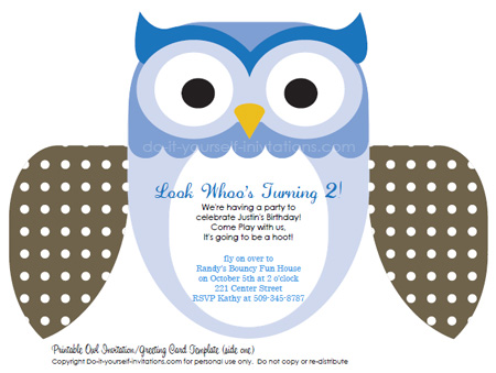 printable kids birthday invitations blue owl