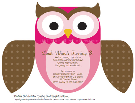 printable kids birthday invitations pink owl