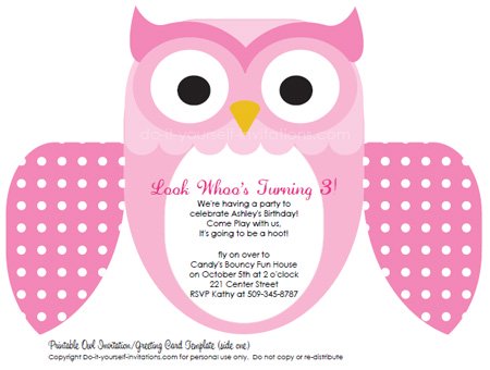 printable kids birthday invitations pink owl