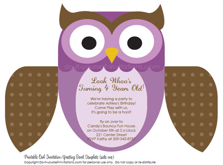 printable kids birthday invitations purple owl